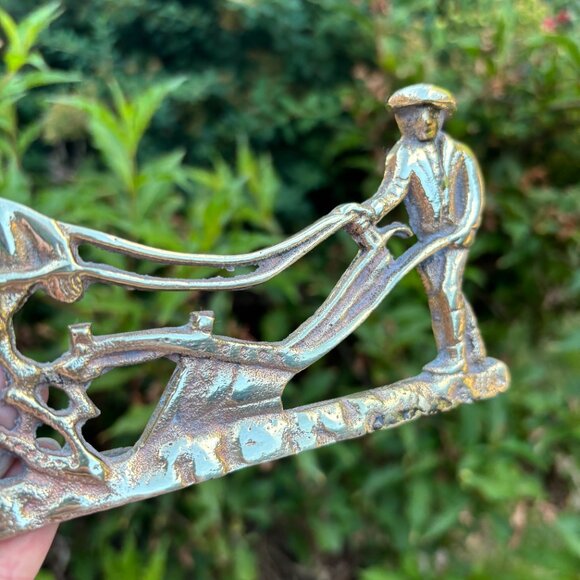 Vintage Brass Farmer and Horse Plow Figurine Rustic Mantel Display Country Farm - Picture 11 of 15